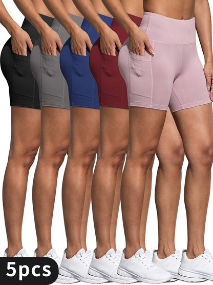 5 Pack Women's High-Waisted Yoga Shorts with Pockets