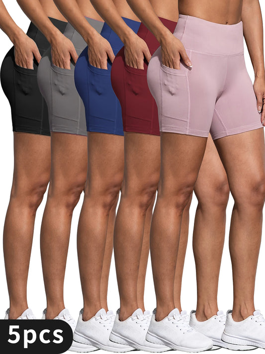 5 Pack Women's High-Waisted Yoga Shorts with Pockets
