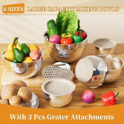 6-Piece Stainless Steel Mixing Bowls with Lids and 3 Graters