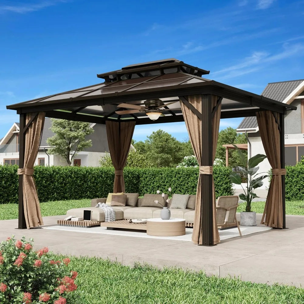 Hardtop Gazebo 10x13ft Double Roof with Netting & Curtains