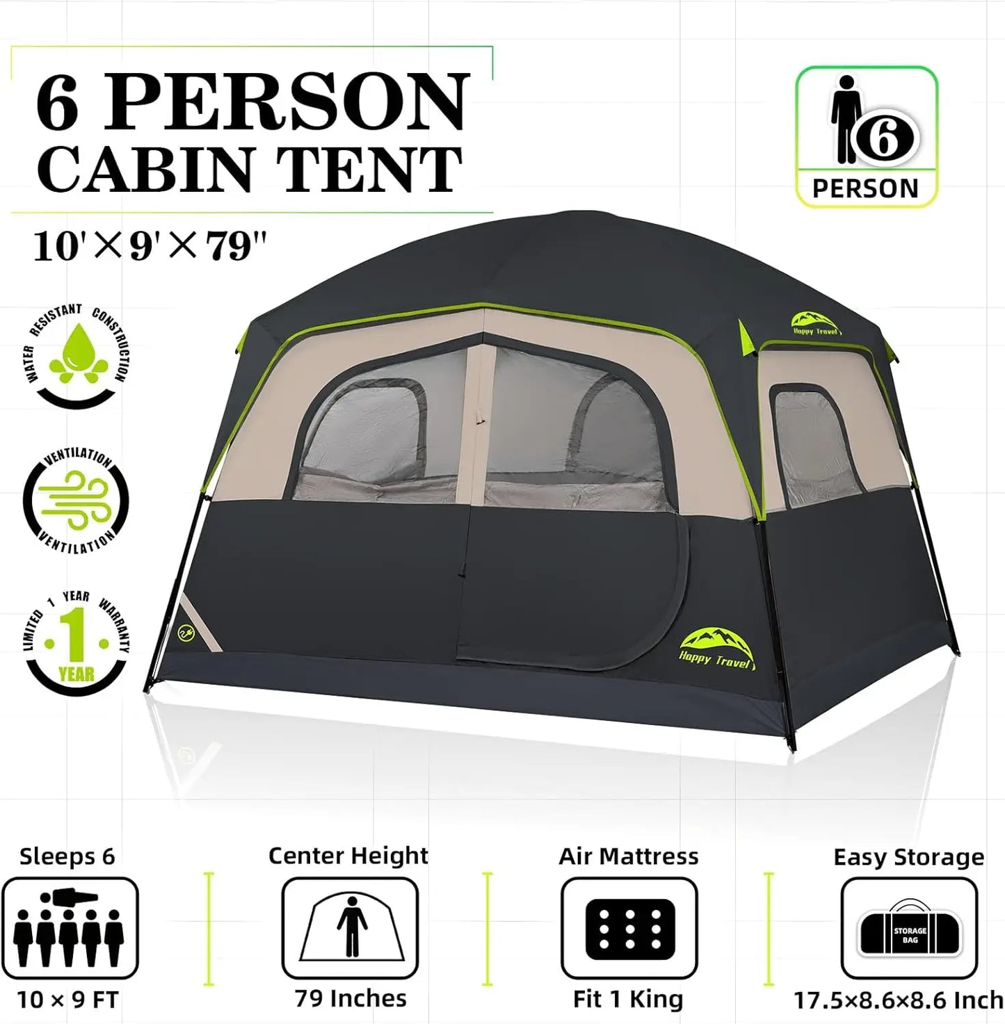 6-Person Easy Setup Waterproof Tent with Rainfly