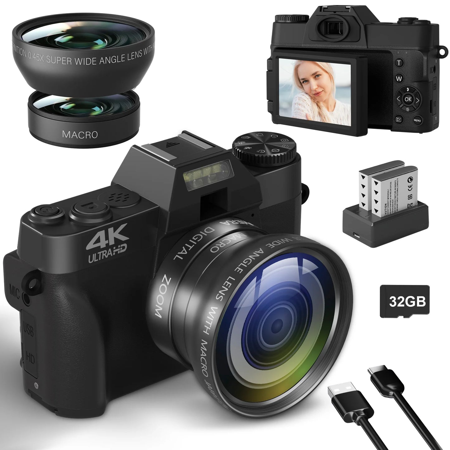 4K Compact Digital Camera Retro Vlog 64MP