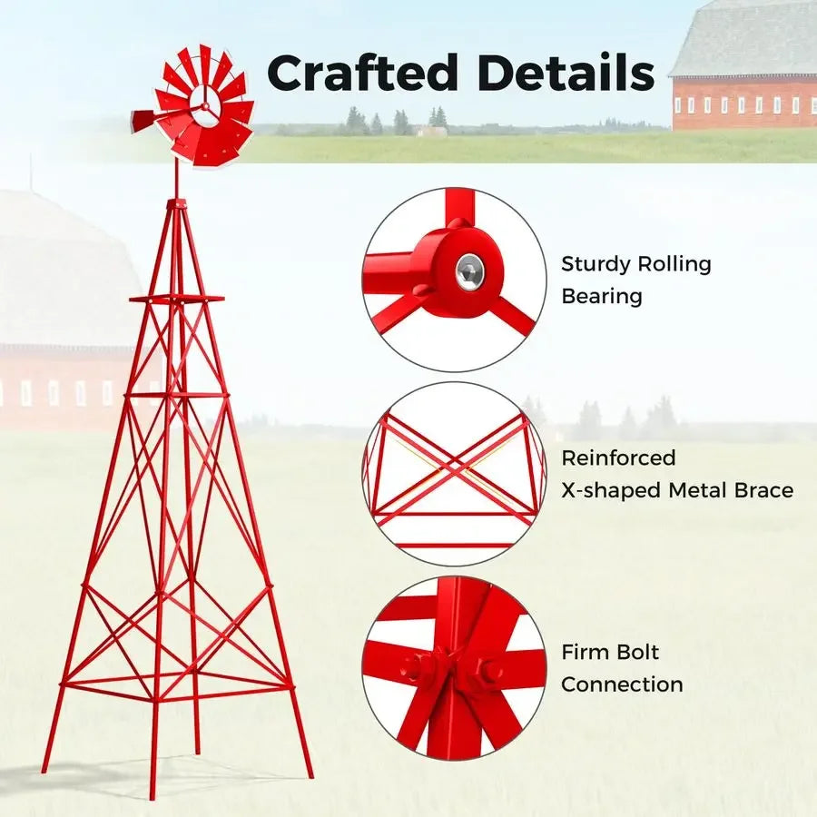 8.3FT Red Metal Garden Windmill Weather Resistant