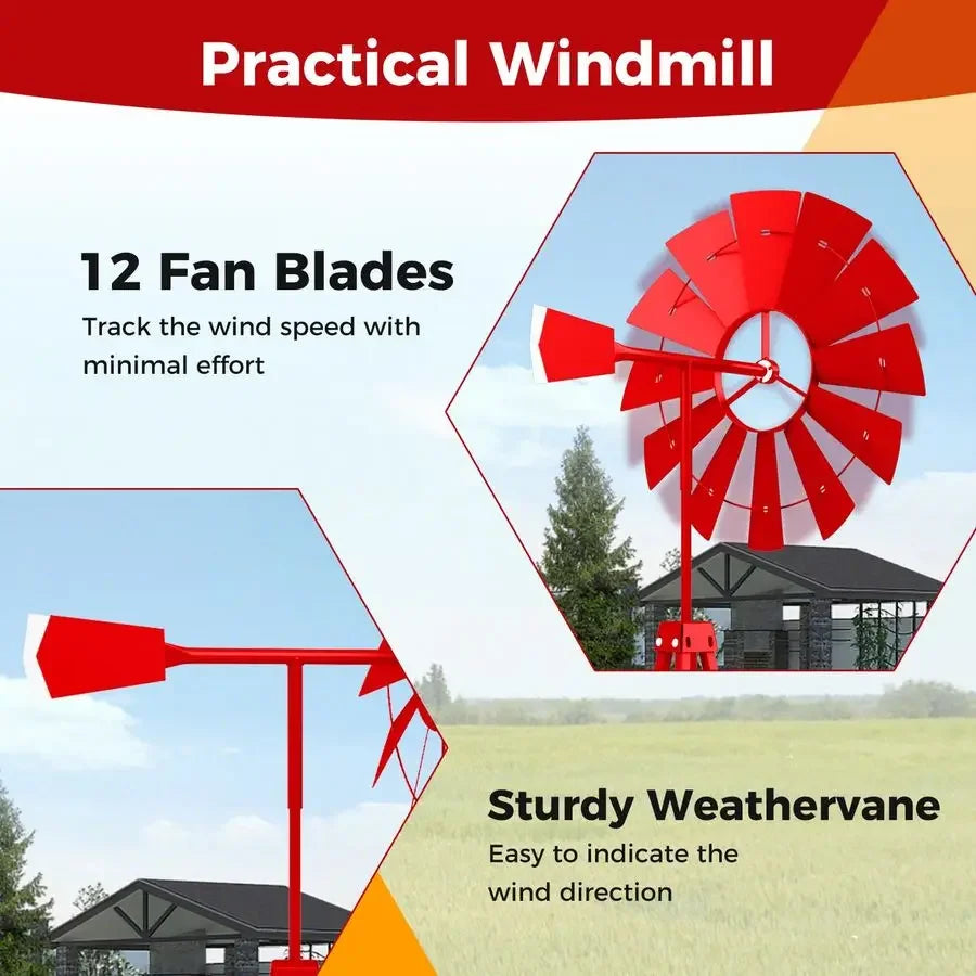 8.3FT Red Metal Garden Windmill Weather Resistant