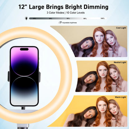 12" 3-Color LED Light Ring with Handle & Quick-Release Tripod