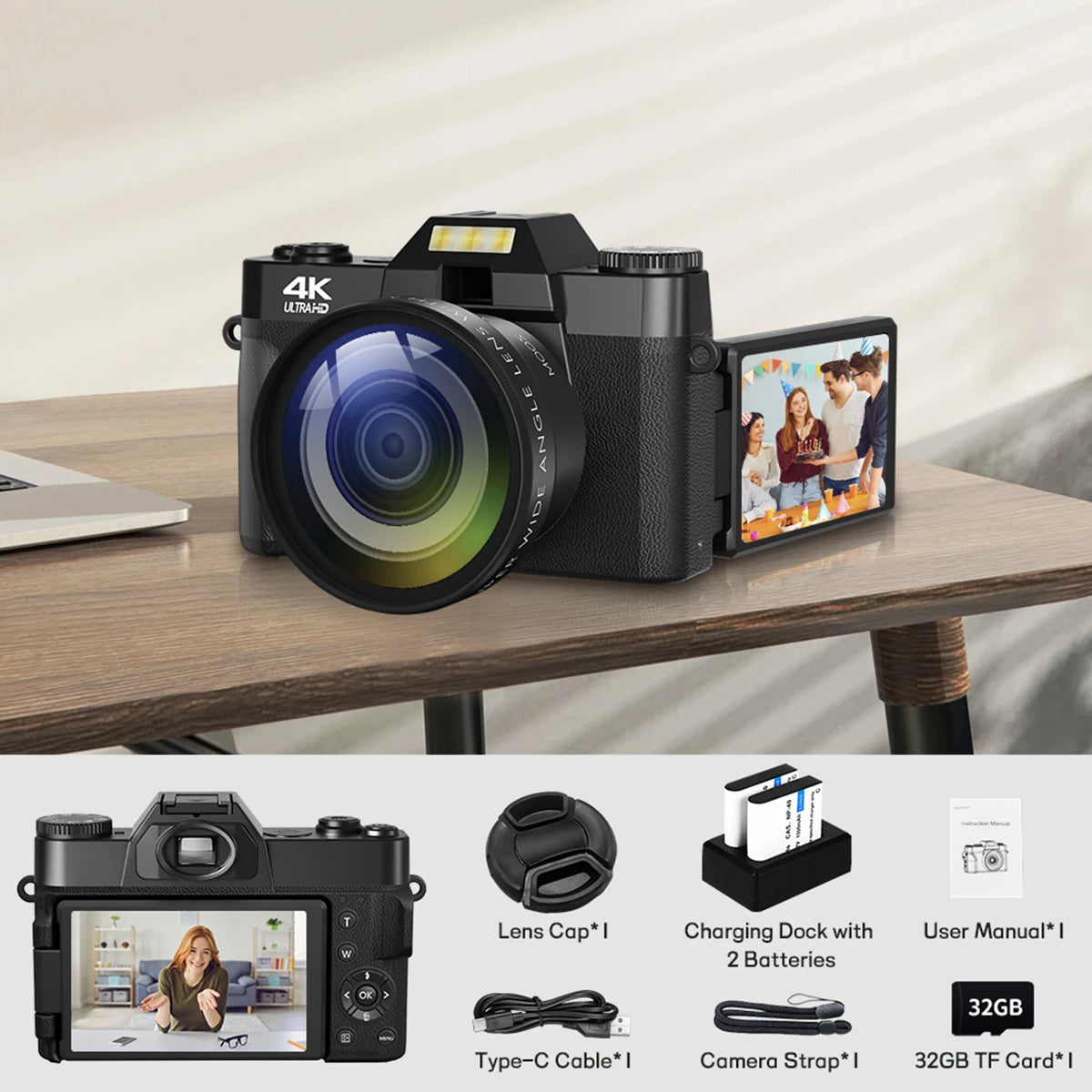 4K Compact Digital Camera Retro Vlog 64MP