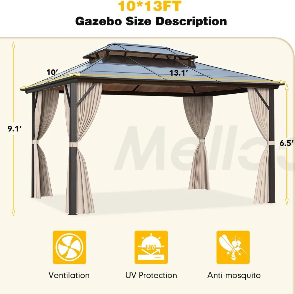 Hardtop Gazebo 10x13ft Double Roof with Netting & Curtains