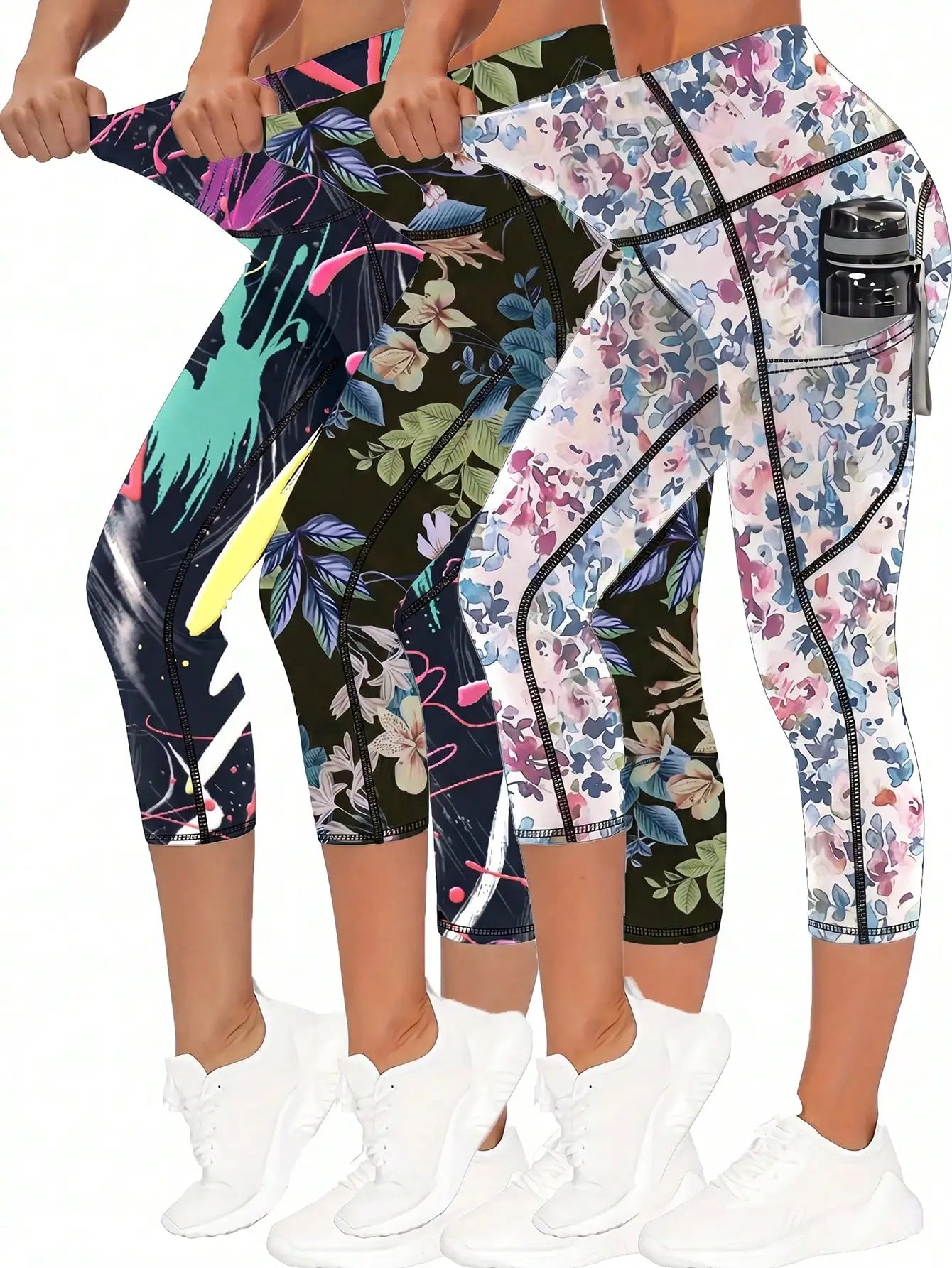 3 Pcs Women High Waist 3/4 Workout Leggings with Pockets