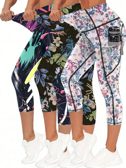 3 Pcs Women High Waist 3/4 Workout Leggings with Pockets