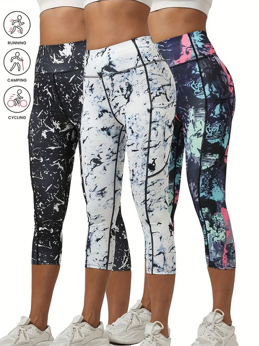 3 Pcs Women High Waist 3/4 Workout Leggings with Pockets