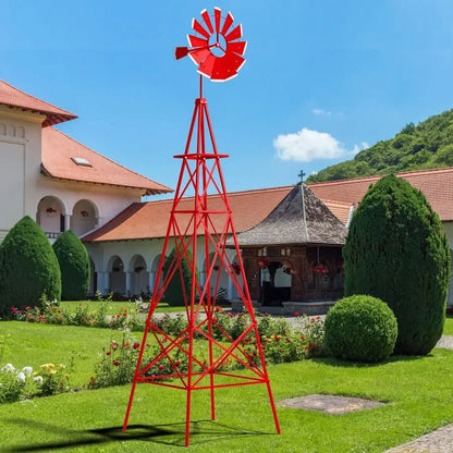 8.3FT Red Metal Garden Windmill Weather Resistant