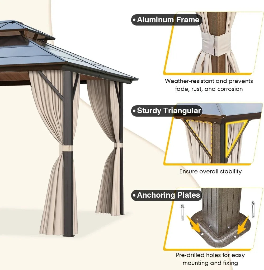 Hardtop Gazebo 10x13ft Double Roof with Netting & Curtains