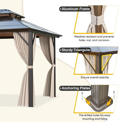 Hardtop Gazebo 10x13ft Double Roof with Netting & Curtains