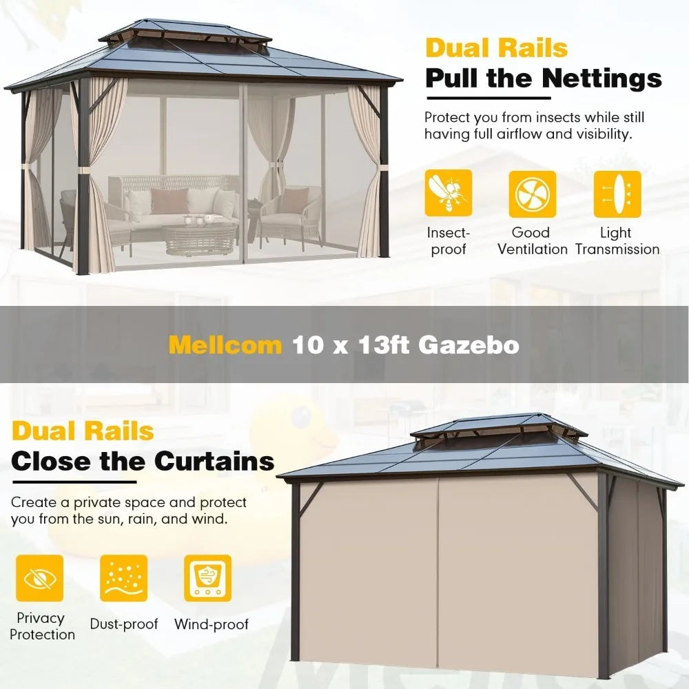 Hardtop Gazebo 10x13ft Double Roof with Netting & Curtains
