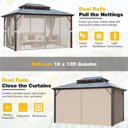 Hardtop Gazebo 10x13ft Double Roof with Netting & Curtains