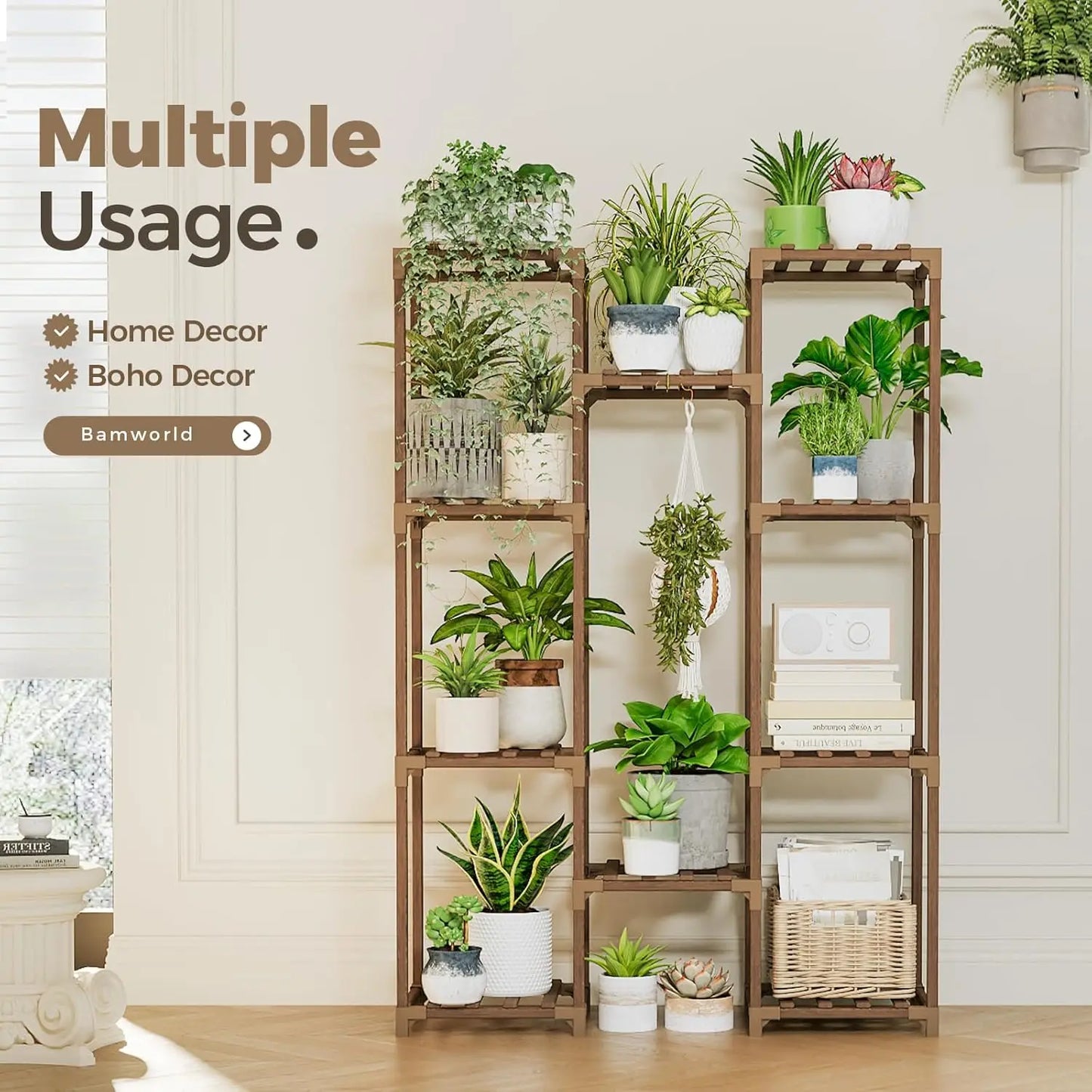 Large Wooden Plant Stand with 10 Shelves for Indoor Outdoor