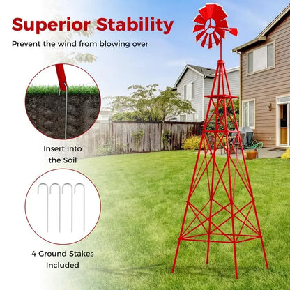 8.3FT Red Metal Garden Windmill Weather Resistant
