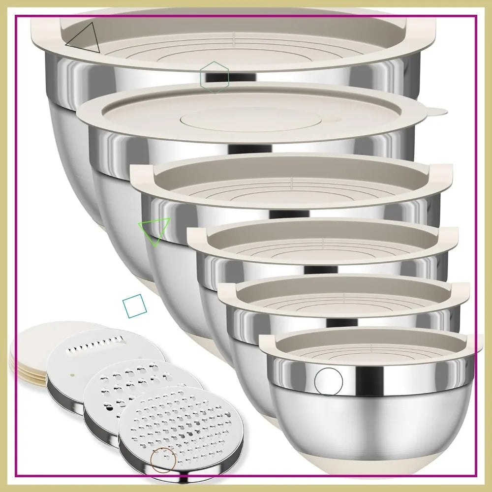 6-Piece Stainless Steel Mixing Bowls with Lids and 3 Graters
