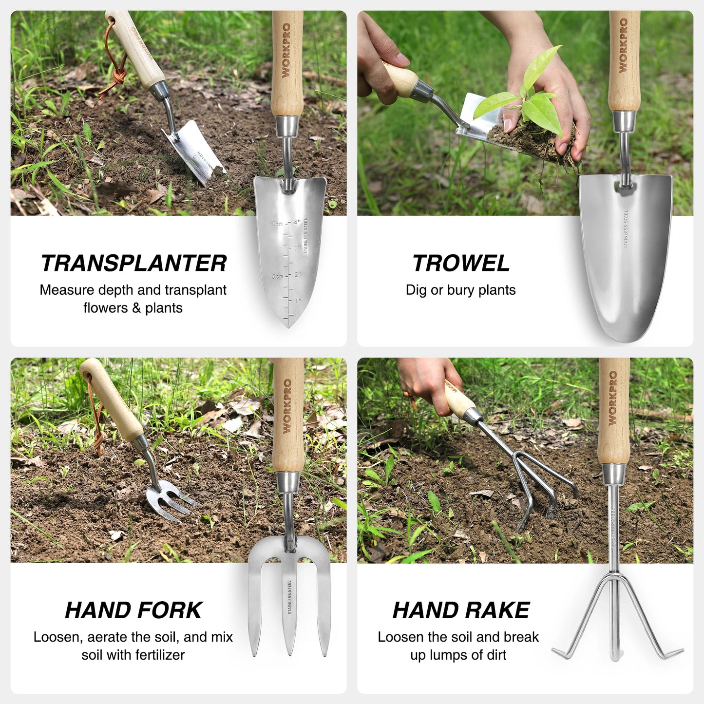 8-Piece Stainless Steel Garden Tool Set, with Wood Handle