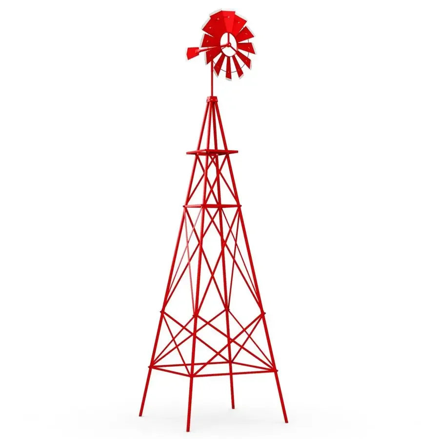 8.3FT Red Metal Garden Windmill Weather Resistant