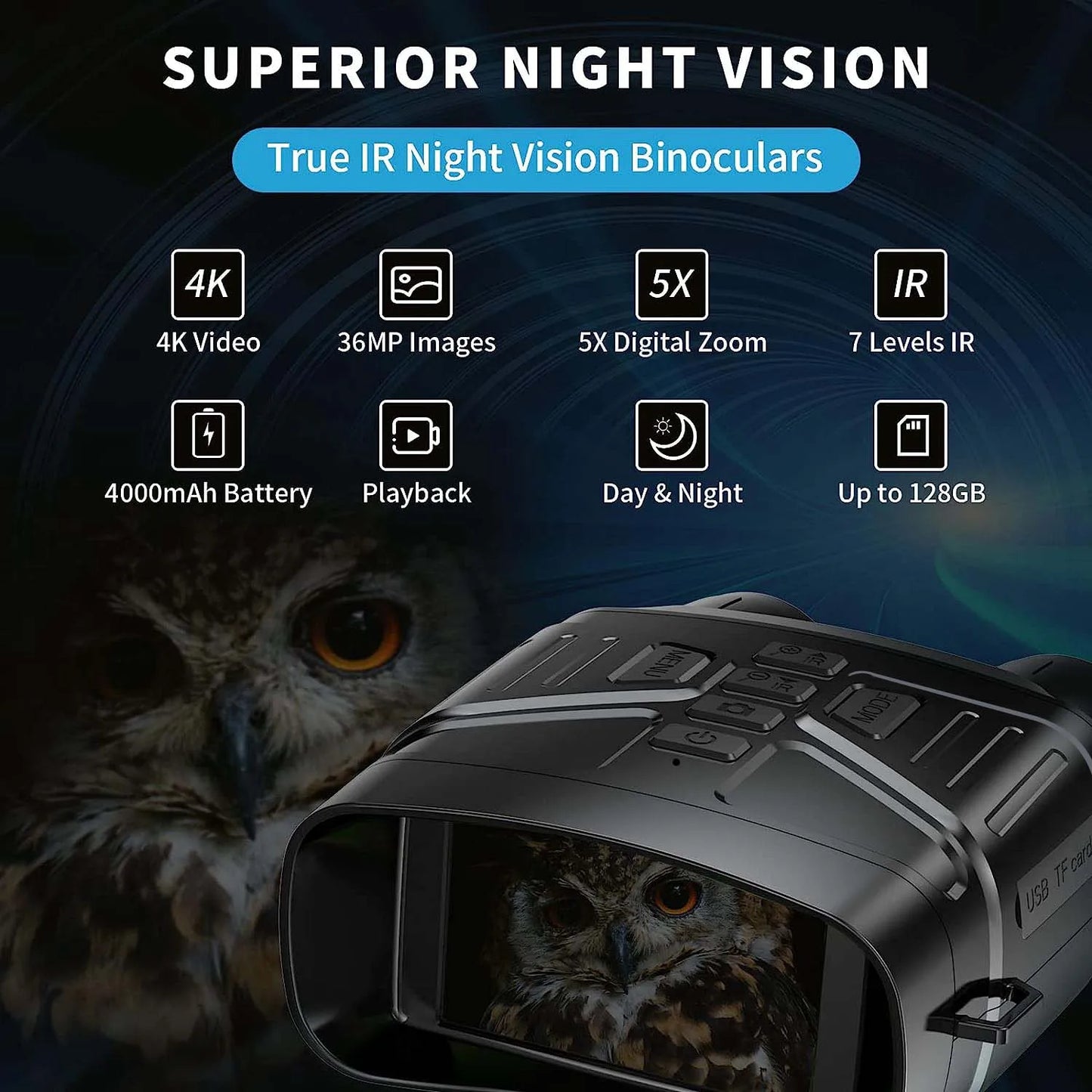 Night Vision Binoculars 4K with 3'' Display and Rechargeable Battery