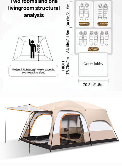 Large Family 2 Room 8-12 Person Windproof 4 Season Tent