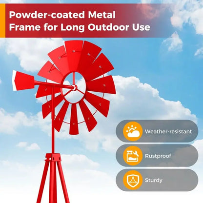8.3FT Red Metal Garden Windmill Weather Resistant